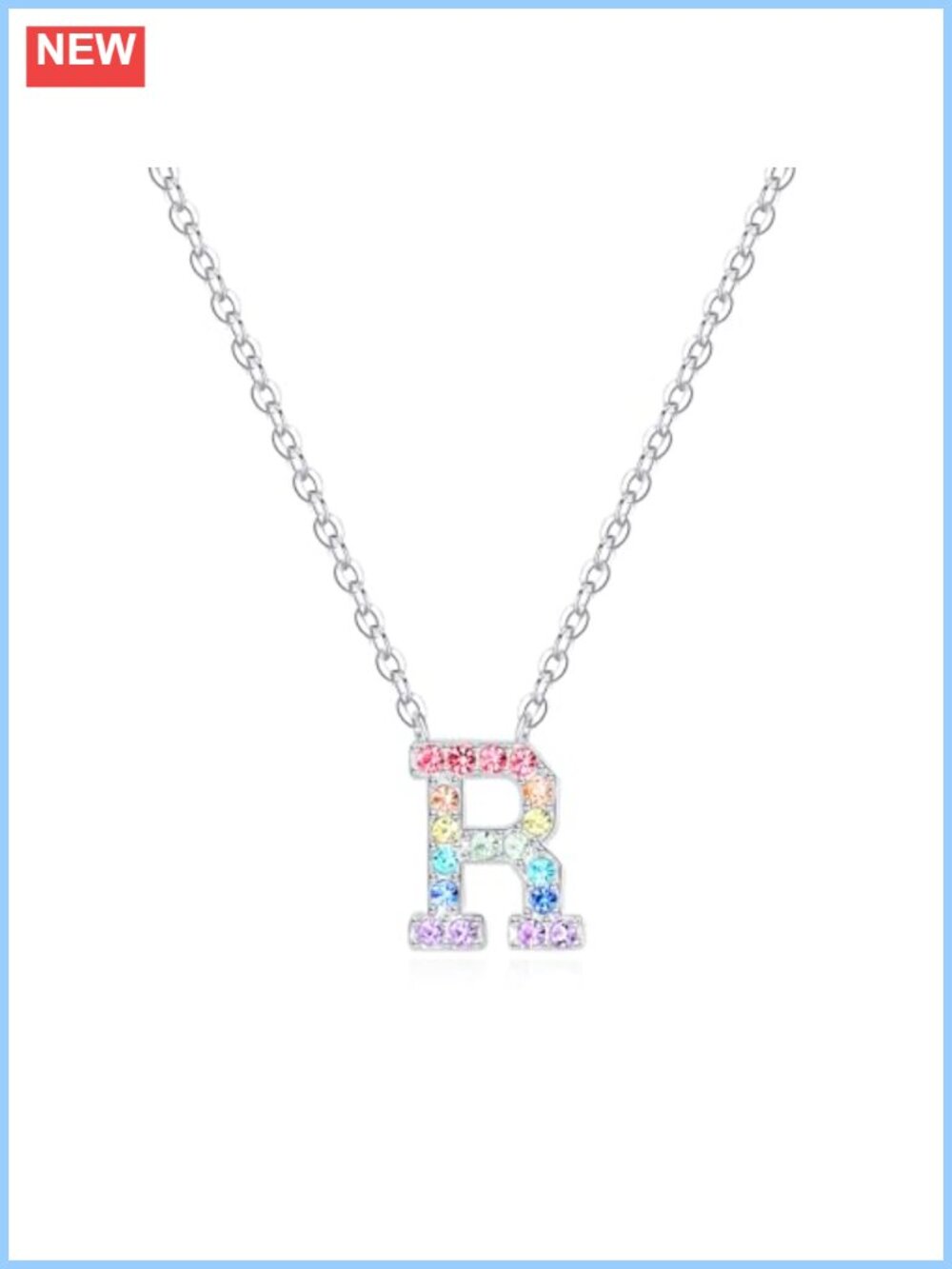 Rhinestone Initial Letter R Pendant Necklace, Silver Plated Brass, 18" Chain